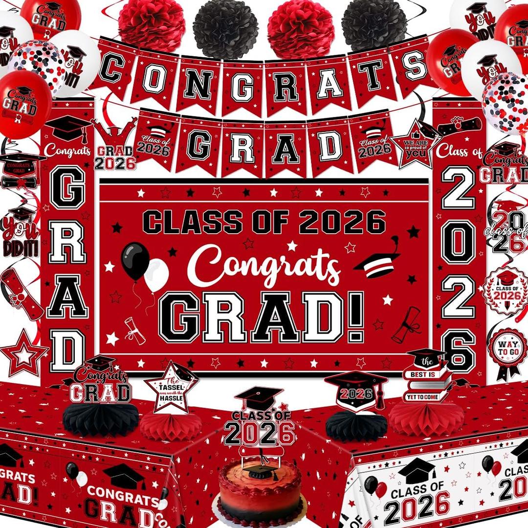 2 x Graduation Decorations 2026 Red Class of 2026 Congrats Grad Backdrop Door Banner Tablecloth Balloons Cake Topper Honeycombs Hanging Swirls for Graduation Party and High School College Celebrations