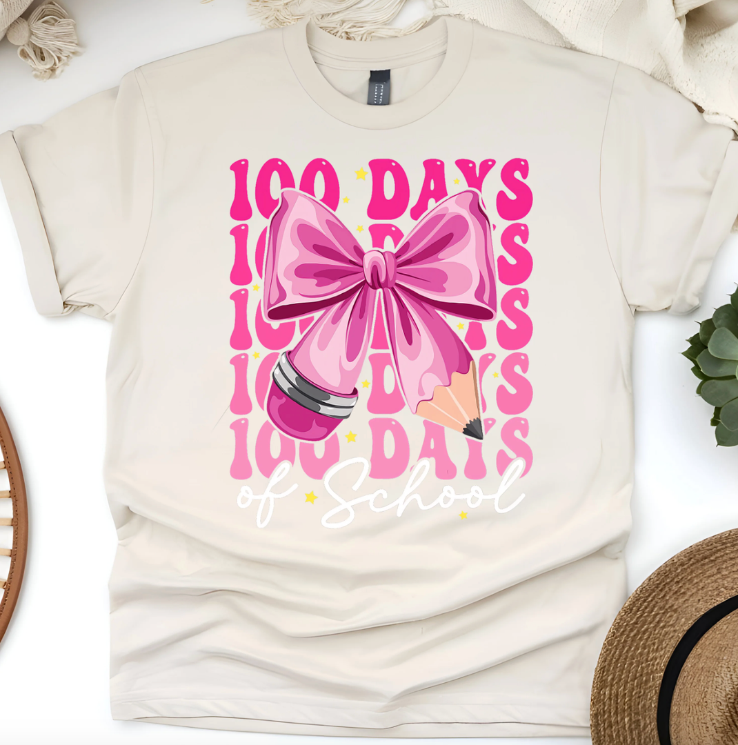 100 Days of School Bow T-Shirt | Cute Teacher & Student Celebration Tee, White, Size 130