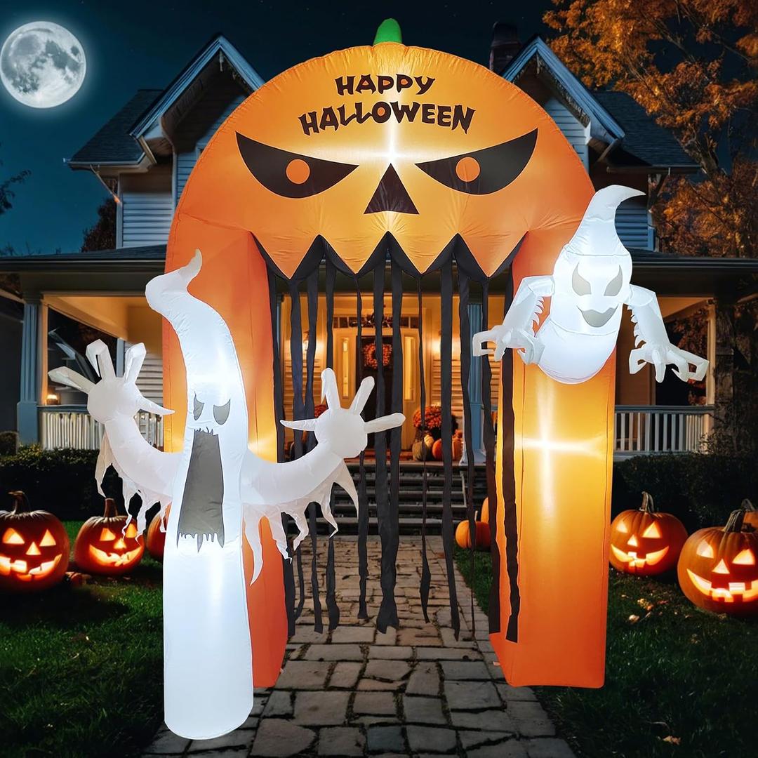 10FT Halloween Inflatables Ghost Archway: Halloween Decorations Outdoor Indoor, Blow Up Inflatable Scary Pumpkin with Built-in LED Lights for Yard Garden Lawn Party Home Decor