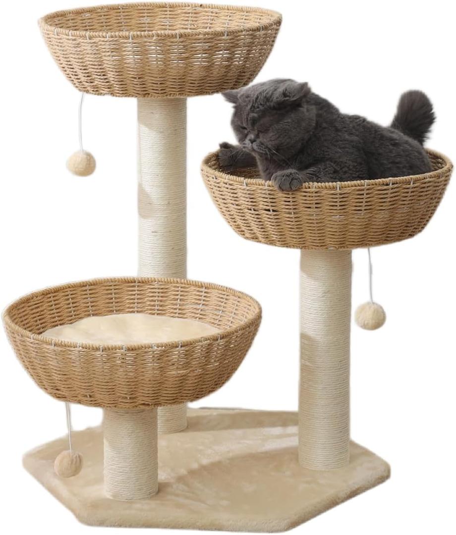 SHENGOCASE Cat Tree Tower with Rattan Wicker Basket, 3 Handwoven Large Nest Baskets Bed, Window Perch for Large Cats up to 20LBS