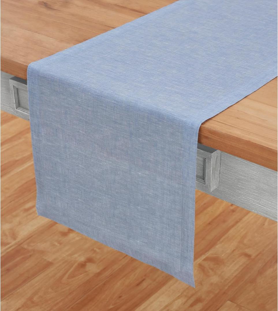 Solino Home Linen Table Runner 36 Inches - 100% Pure Linen Chambray Blue Table Runner 14 x 36 Inch Ideal for Dresser and Coffee Tables - Spring, Mothers Day, Summer - Athena (Blue Chambray)