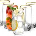 Drinking Glasses Set of 6, Crystal Tall Highball Water Glasses 13 oz Gold Rimmed Glassware Cups Drinking for Mojito Cocktail Juice Water Beverage