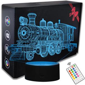 Train Night Light, 16 Color 3D LED Night Lamp for Boys - Trains Themed Bedroom Lamps, Optical Illusion Lamp with Remote Control, Perfect for Kids' Room Dcor, Cool Gifts for Train Lovers