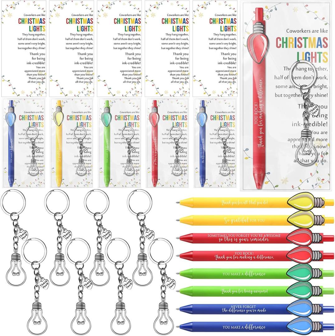 Tenceur 20 Set Christmas Coworkers Gifts Bulk Light Bulbs Keychain Motivational Ballpoint Pens Coworkers Are Like Christmas Light Cards for Office Employee Staff Teacher Team