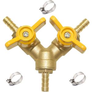 Hooshing 3 Way Shut Off Valve 1/4" Hose Barb 2 Switch Y Shaped Ball Valve Soild Brass with Stainless Clamps for Water Fuel Air
