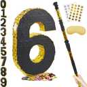 PCFING 20 Inch Number 6 Piñata Gold Black with 30 Inch Piñata Stick Blindfold Confetti for Man Women Kids Birthday Party Decorations, Anniversary Celebration, Fiesta