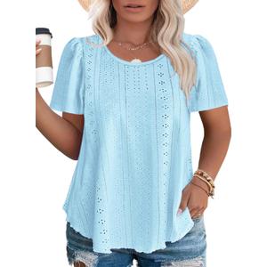 ROSRISS Plus-Size Tops for Women Summer Trendy Eyelet Puff Short Sleeve T Shirts Casual Crewneck Solid Color Tunics 3XL