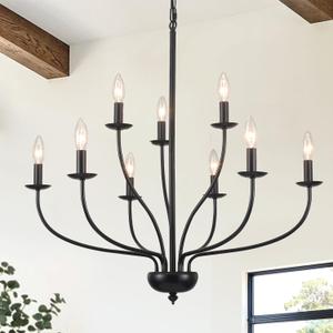 Black Chandelier 9 Light, Modern Farmhouse Chandeliers for Dining Room, Industrial Candle Pendant Lighting Fixture for Foyer Hallway Entryway High Ceiling, Bedroom, Living Room, Kitchen