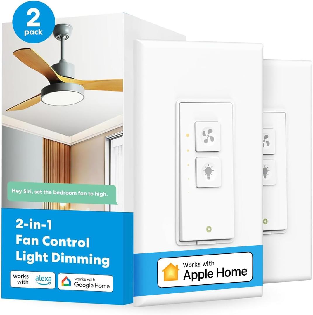 meross Smart Ceiling Fan Control and Dimmer Switch, Supports Apple HomeKit, Alexa, Google & SmartThings, 2.4G Wi-Fi Fan and Light Switch Combo, 4 Fan Speed, Neutral Wire Needed, Single Pole, 2 Pack