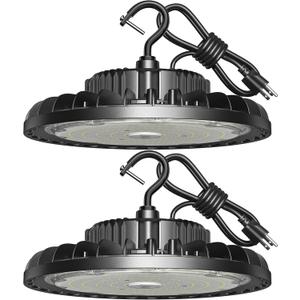 LED High Bay Light 150W 21000LM 5000K, LED Shop Lights for Garage Super Bright with 110-277V US Plug 5 Cable Waterproof UFO Commercial Warehouse Workshop Factory Area Lighting Fixture, 2 Pack