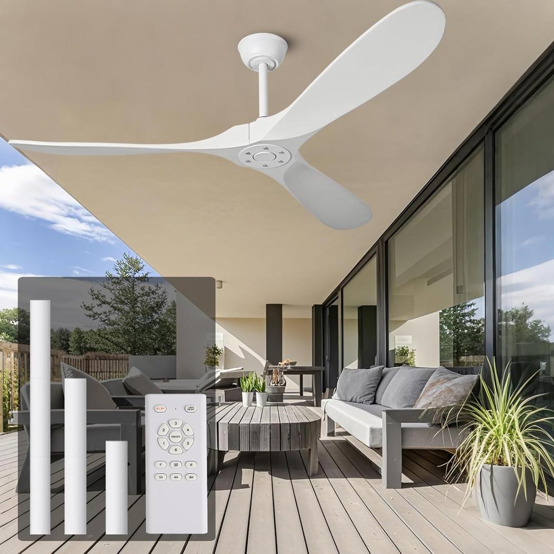 60 Inch White Ceiling Fan No Light Wood Indoor Outdoor Ceiling Fans for Patios Living Room Bedroom Porch Big Farmhouse Ceiling Fan for Flat Sloped Angled Ceiling