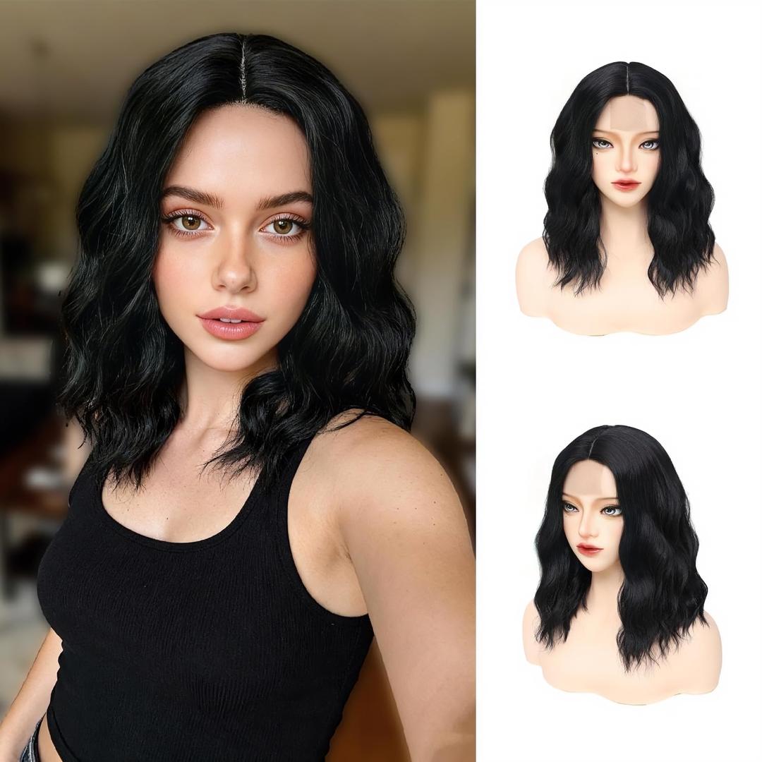 GUOJIAN Black Bob Wig 14 Inch Black short wavy bob Shoulder Length Wave Wig for Women Middle Part Natural Looking Heat Resistant Synthetic Wigs Soft Curly Hair for Daily Party Cosplay