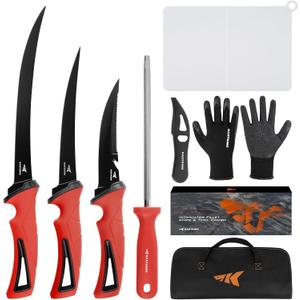KastKing Intimidator Fillet Knife Set  G4116 German Stainless-Steel Blades, Non-Slip Handle, Includes Folding Fillet Board, Fish Scaler, Rubber-Coated Gloves, Honing Rod, and Durable Storage Bag