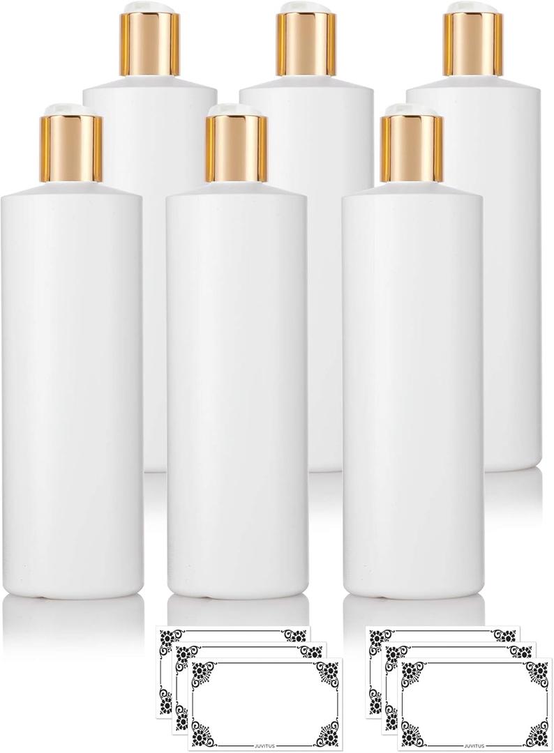JUVITUS 16 oz White Refillable Plastic Squeeze Bottles with Gold Disc Cap Lid (6 pack)