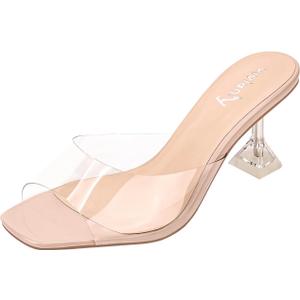 vivianly Womens Clear Heels Sandals Transparent Stiletto Heel Slippers Backless Peep Toe Slip on Heeled Mules (10, Nude -2.7in)