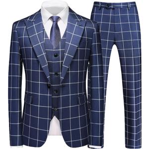 MOGU Mens 3 Piece Slim Fit Plaid Suit Blazer Jacket+Vest+Pants (40, Navy Blue)