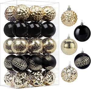 SHareconn 30ct 2.36 Inch Christmas Tree Balls Ornaments, Colored Shatterproof Plastic Decorative Baubles Decorations for Xmas Tree Decor Holiday Party Wedding Decoration (Black & Gold, 60mm)