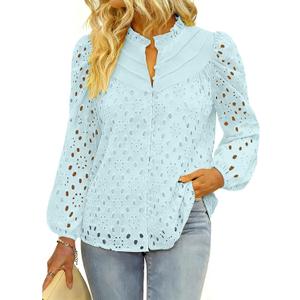 BETTE BOUTIK Women's Long Short Sleeve Tops 2025 Dressy Casual Button Hollow Out Lace Embroidered Blouses Shirts (M)