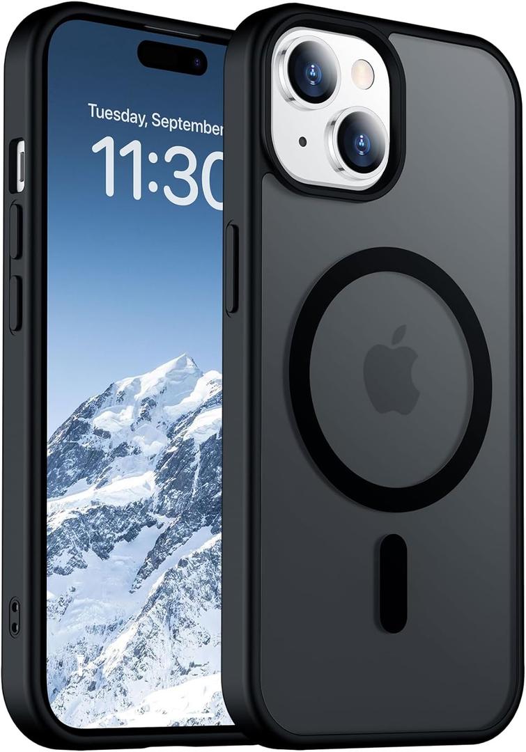 Designed for Magnetic iPhone 14 Case & iPhone 15 Case,[Compatible with MagSafe] [Military Grade Drop Protection] Slim Translucent Matte Shockproof with Anti-Fingerprint Phone Case 6.1"-Black