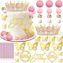 AMZVALU Corona Para Pastel, Crown Cake Topper, 3 Happy Birthday Cake Toppers, Balls Candles Butterflies Cake Decorations, Birthday Crown for Women Queen Princess Party Wedding (Gold, Pink)