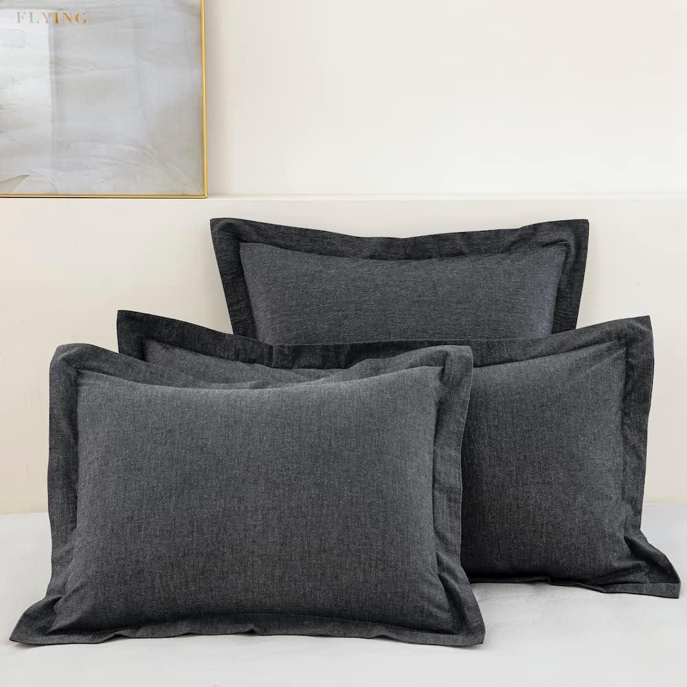 DAUAOTO Cotton Chambray Pillow Shams, 2 Pieces Pillowcases Set, 20"x26" Pillow Cover with Decorative Flange, Charcoal Gray/Standard