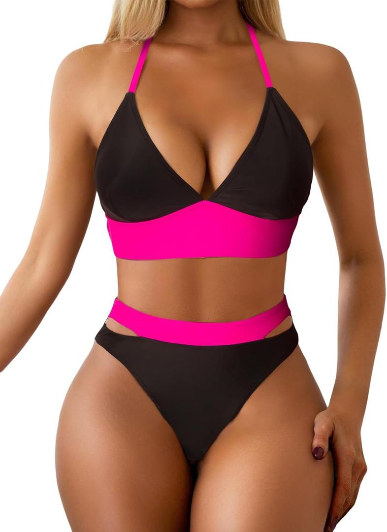 Women's Color Matching Sexy Two-Piece Swimsuit, Waist Cutout Bikini Set (Black), S