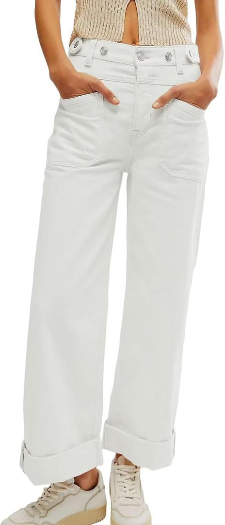 Allimy Womens Jeans High Waisted High Rise Straight Leg Baggy Wide Leg Pants Woman Y2K Mom Boyfriend Jeans for Women Trendy 2026 Denim Cargo Pants Women White Size 8