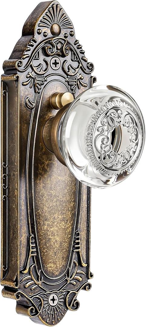 Crystal Door Knob Vintage Privacy Lock, Antique Brass Base Glass Door Handle Set for Bedroom, Bathroom, Hallway or Closet