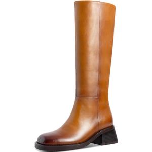 Knee High Boots Women Faux Leather Boots Low Heel Square Toe Side Zipper Fall Long Riding Boots For Women (7, Brown)