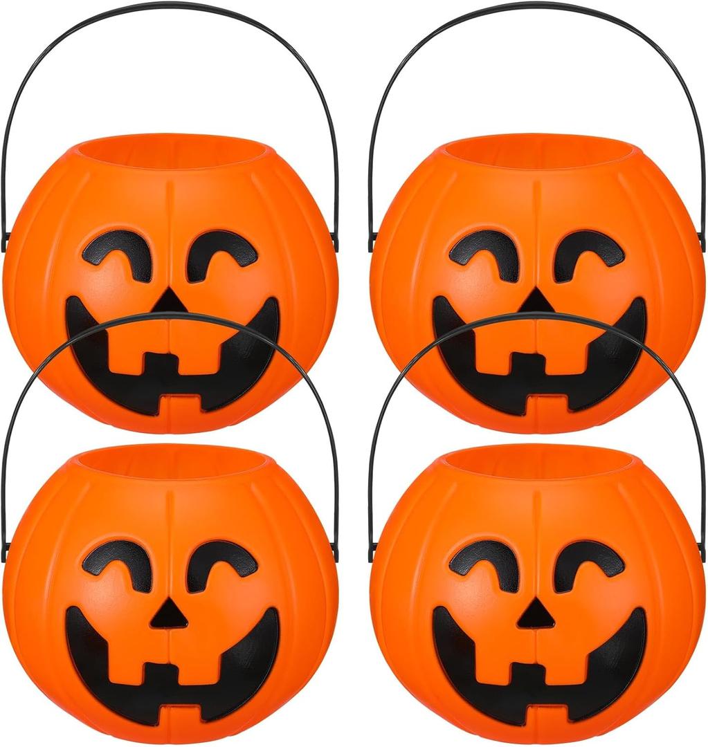4 Pcs Plastic Pumpkin Buckets Trick or Treat Halloween Candy Baskets with Handle 6.7 x 5.1 Inches Plastic Pumpkin Large Portable Candy Basket for Halloween Trick or Treat Party Supplies