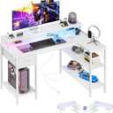 DUMOS 47 Inch Gaming Desk, Monitor Stand, LED Lights, Storage Shelves | USB Charging Ports, Power Outlets, Reversible L Shaped Corner, Small Spaces, White, 31.5‘’x 31.8'' x 47''