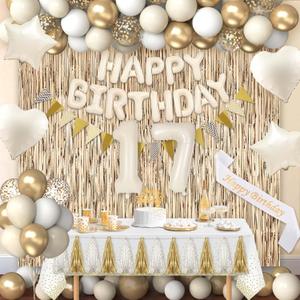 17th Birthday Decorations for Girls, White and Gold 17 Boho Birthday Party Supplies Includes Number Balloons, Banner, Fringe Curtain, Cake Topper