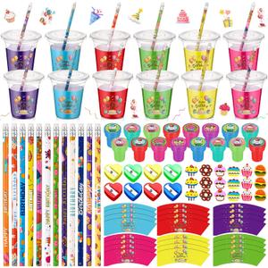 144 Pcs Happy Birthday Gifts for Students Return Gifts Birthday Party Favor Cups School Stationery Set Pencils Erasers Stampers Sharpeners Classroom Exchange Present for Goodie Bag Stuffers