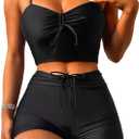 Lilosy Drawstring High Waisted Bikini Set Srting Swimsuit Spaghetti Strap Cami Top and Tie Side Shorts 2 Piece (Large, Black)