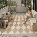 Outdoor Plastic Checkered Rug Waterproof Patio 8x10 Beige Brown Diamond Geometry Mat for Porch Camping RV Balcony Deck Courtyard Reversible Lightweight Durable Portable