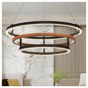 Three-Ring 24-inch Black Vintage Wood-Grain Farmhouse LED Chandelier with Remote Control and dimmable Brightness, Suitable for Dining Room, Kitchen, and Living Room. (black-24)
