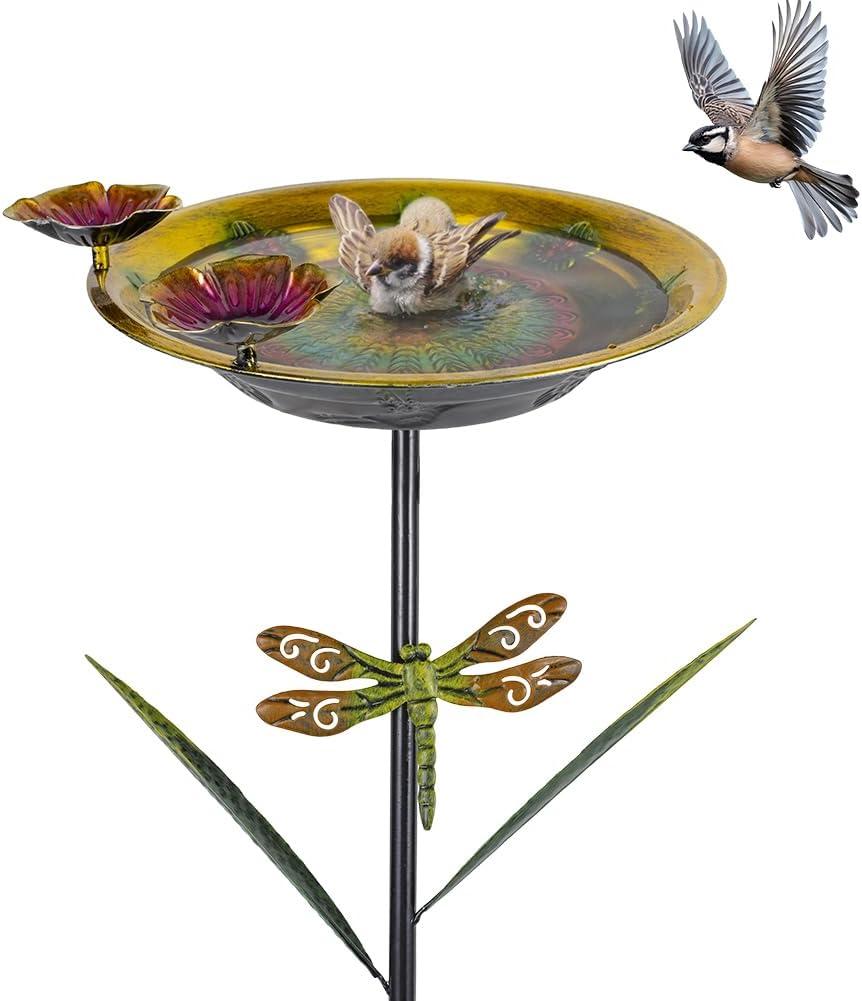 DREAMSOUL 39" Tall Bird Bath with Dragonfly Stake, Metal Birdbath with Flower Feeders, Freestanding Bird Bath for Outside Garden Yard Patio (Yellow)