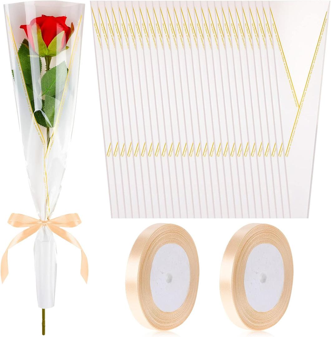 Teling 150 Pcs White Single Flower Sleeves Wrapping Bags for Valentine's Day Single Rose Florist Bouquet Packaging Bags Flower Bouquet Wrapping Bulk with 2 Ribbon for Wedding Birthday Gifts Supplies