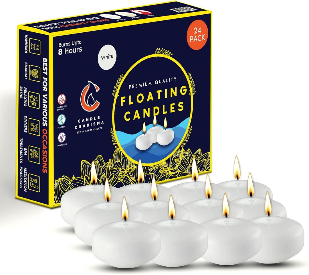 Candle Charisma White Floating Candles 3 Inch (Set of 24)  8-Hour Dripless, Smokeless Burn with Natural Flickering Flame  Perfect for Weddings, Centerpieces, Pool Nights & Special Events