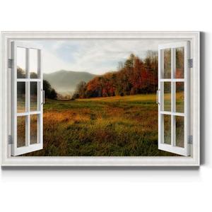 Renditions Gallery Canvas Nature Wall Art Home Paintings & Prints Serene Autumn Mountain Forest Modern Rusitc Window View Wall Hanging Decorations for Bedroom Office Kitchen - 32"x48" LT21