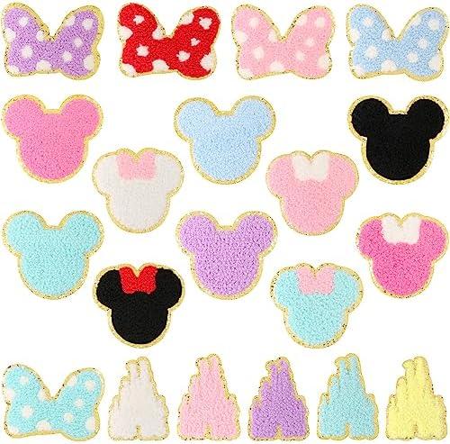 20 PCS Chenille Mouse Head Iron on Patches, CCOZN Colorful Chenille Castle Bowknot Mouse Embroidered Patches Sew On Embroidered Applique DIY Accessory for Clothing Hats Jackets Backpack Pants