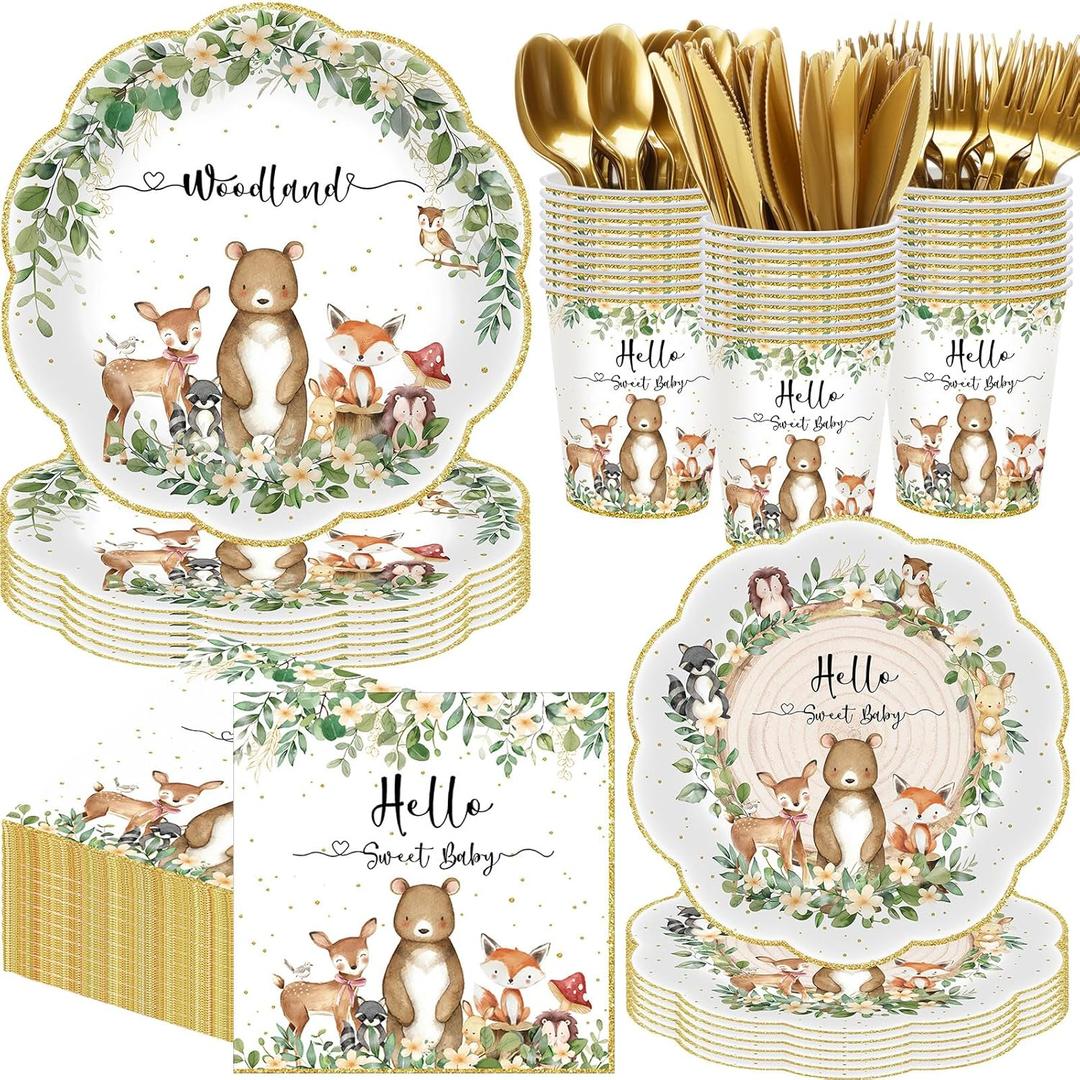 400 Pcs Woodland Baby Shower Party Supplies for 50 Forest Animals Mountain Wilderness Plates Napkins Cups Spoons Forks Knives for Neutral Forest Animal Baby Shower(Green and Gold, Woodland)