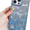 BITOBE Designed for iPhone 16 Pro Max, Cute 3D Rose Flowers Case Slim Plating Glitter Bling Luxury Rhinestones Floral Cover for Women Girls Protective Camera Protection 6.9" Blue