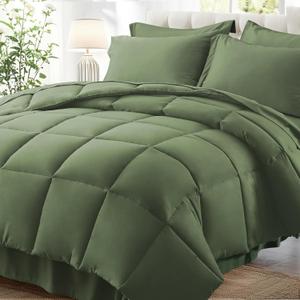 Zzlpp Queen Comforter Set 7 Pieces, Olive Green Bed in a Bag Bedding Set with 1 Comforter, 2 Pillow Shams, 2 Pillowcases, 1 Flat Sheet, 1 Fitted Sheet with Pockets