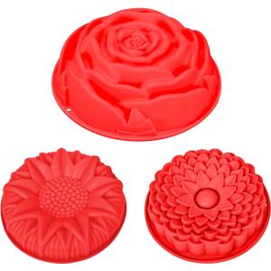 saphe 3 Pack silicone Cake Molds for baking, Large Round Sunflower Shapes baking molds, Nonstick different shapes Cake Molds, Perfect bakeware for cake, bread, Jello Brownie Tart Pie (red) (3)