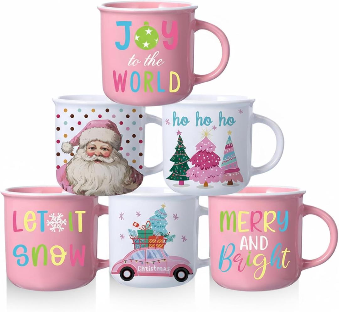 Pickmesh 6 Pcs Christmas Coffee Mug Set 13OZ Xmas Ceramic Mugs with Handle Pink and White Santa Mugs Winter Cocoa Cups Bulk Merry Christmas Gifts Let It Snow Home Holiday Party Decor Supplies