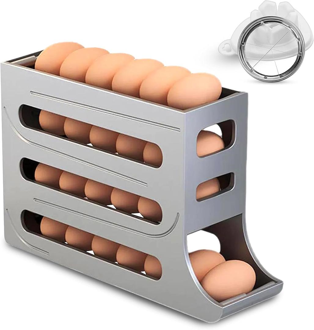 ZAYLAN Egg Holder for Fridge, Auto Rolling Egg Roller/Dispenser/Organizer/Storage Container, Space-Saving 4-Tier Egg Tray for 28 Eggs, Refrigerator, Kitchen & Countertop with Flower Egg Cutter (Gray)