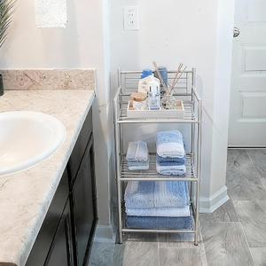 LEEDA 3-Tier Metal Shelving Unit, Sturdy Bathroom Storage Shelf & Free Standing Towel Rack with Adjustable Feet, Open Floor Shelves for Small Space in Bathroom, Kitchen, Office, Silver-Gray