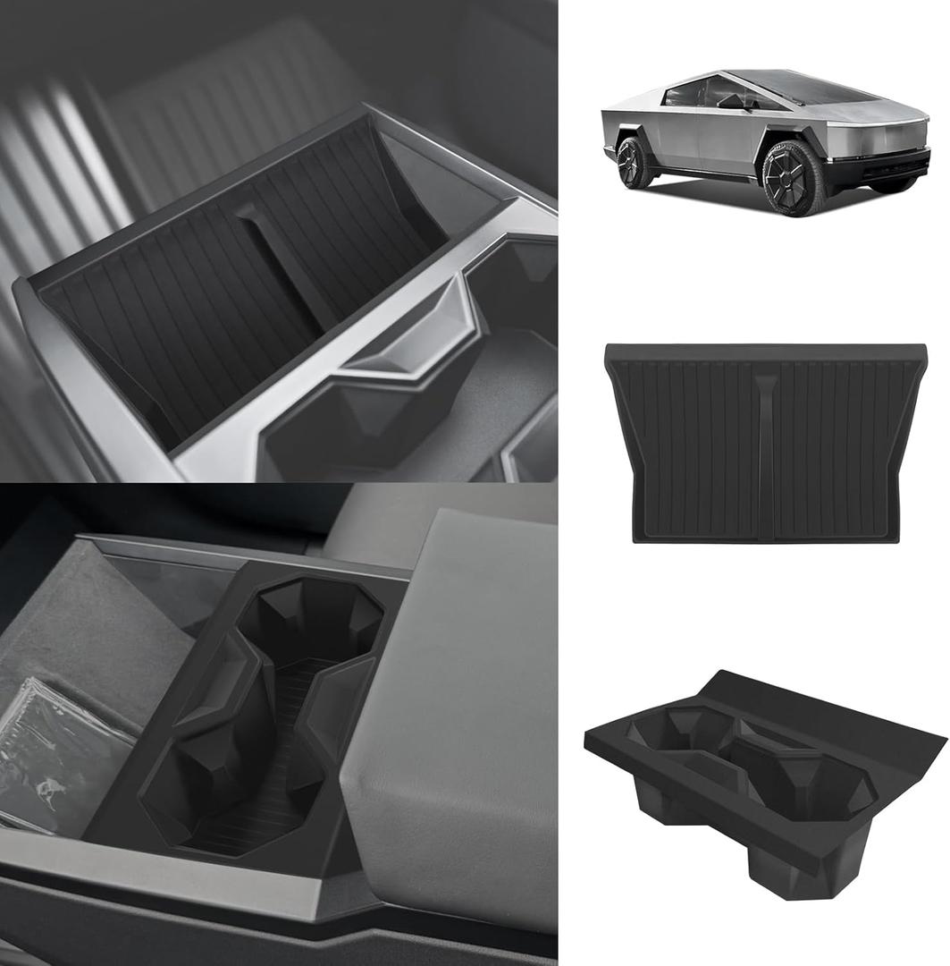 BestEvMod 2PCS Center Console Phone Charge Area Silicone Mat & Cup Holder Insert Compatible with 2025 2024 Tesla Cybertruck Waterproof Non-Slip Easy to Clean Black (Cup Holder Insert+Charge Pad Mat)