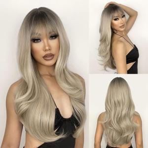 N NAYASA Long Dirty Blonde Layered Wig with Bangs and Ombre Blonde Roots - Heat Resistant Synthetic Wig for Daily Party Use - 24''